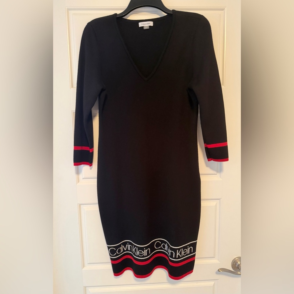 Calvin Klein Black V-Neck Knit Dress with Red Trim